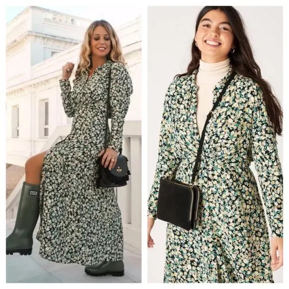 NWT Zara Floral Long Sleeve Dress in Black and Cream Size S